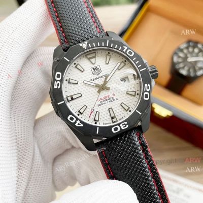 Tag Heuer Aquaracer Calibre 5 White Face 44 Replica Watch Black Steel Black Leather Strap